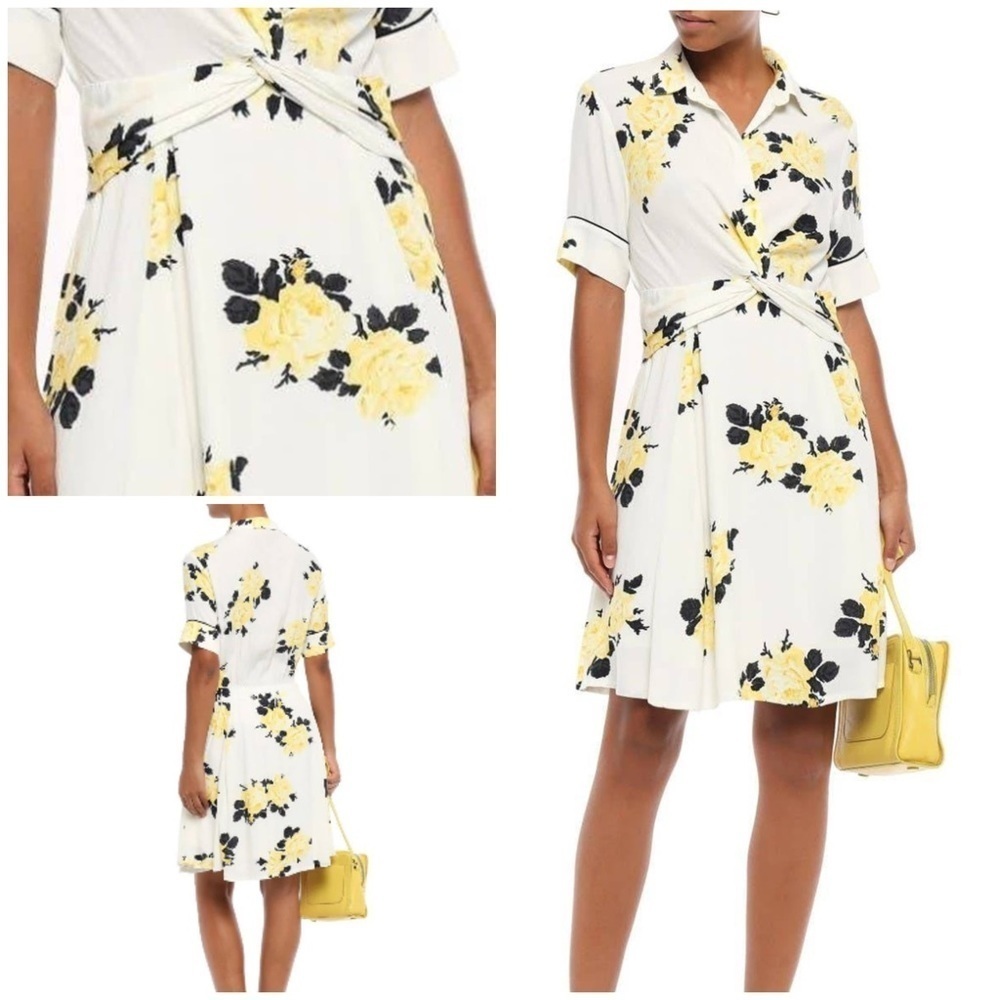 NWT GANNI Silvery Crepe Yellow Roses Floral Twist Front Vanilla Ice Dress 10/ 12